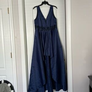 Navy blue prom dress with a sequin/mesh waistline